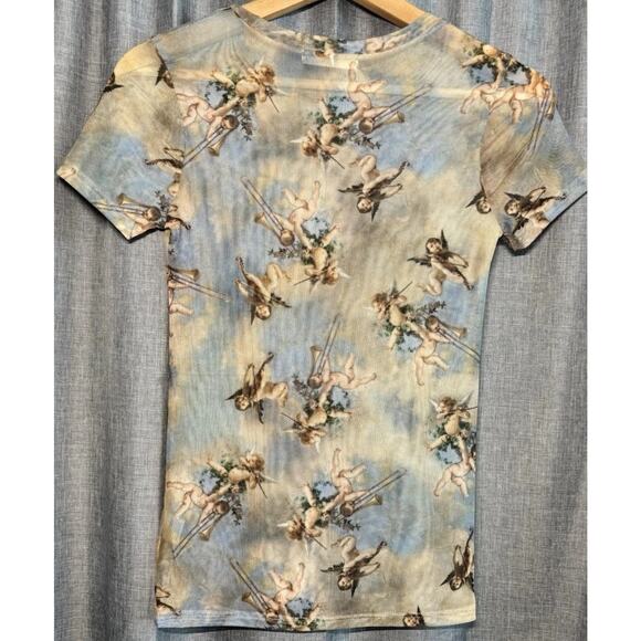 Sweet Lilac Sheer Mesh Baby Angel Cherub Print Short Sleeve Top Size S Y2K - Picture 6 of 14